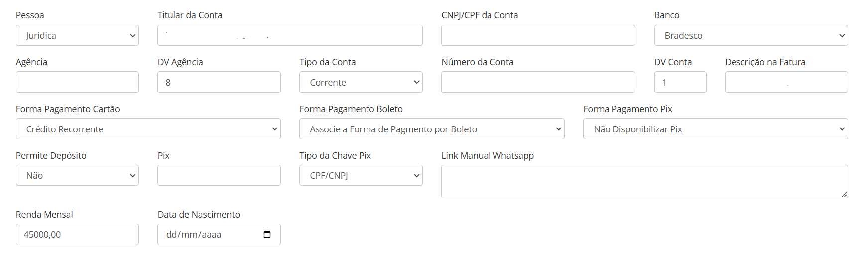 Tela de Cobrança e Dados Bancários